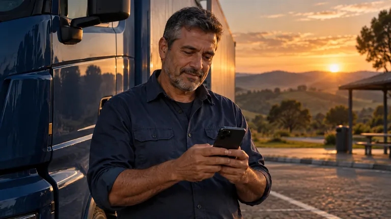 Truck driver checks his phone beside his truck parked at a rest area.