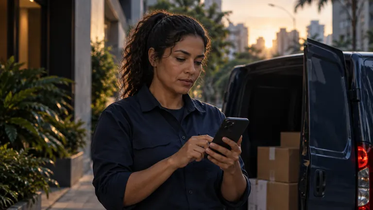 Delivery worker checks her phone beside a van parked on a city street.
